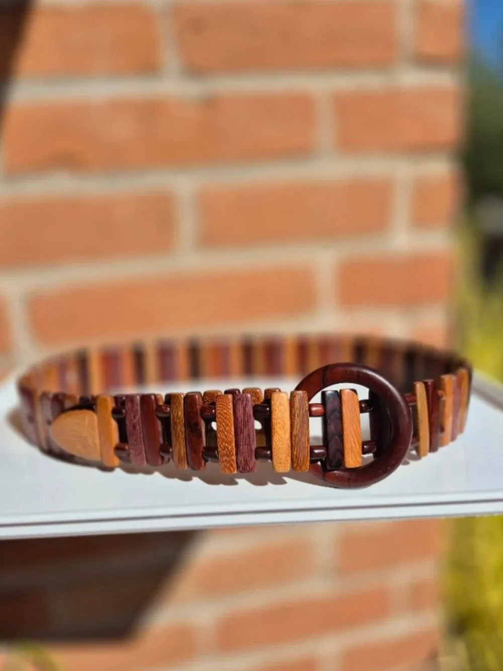 Vintage Boho Multi-Wood Slat & Bead Articulated Link Belt Round Wood Buckle